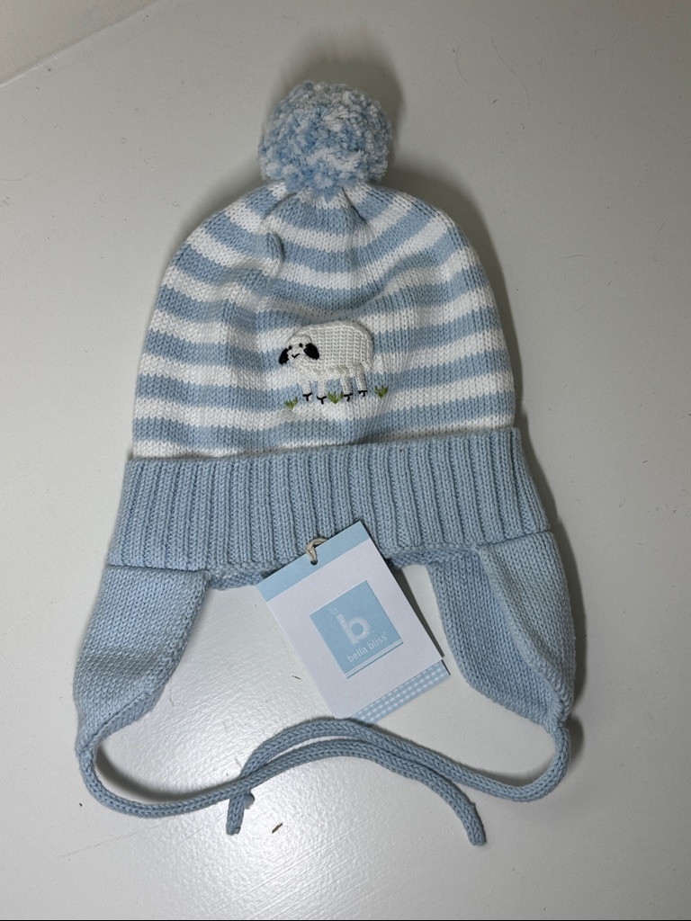Nwt Bella Bliss Blue And White Cotton Child’s Hat With Ear Flaps And Ties.
